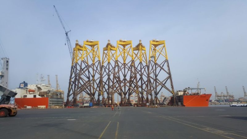 East Anglia ONE jacket foundations assembled at a quayside before load-out