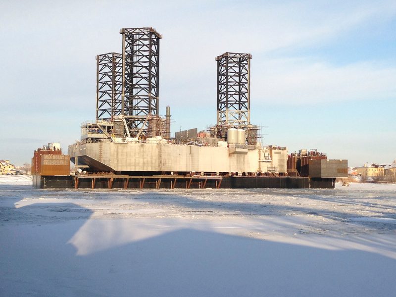 EDC Neptune jack-up under construction in winter conditions with its hull and leg structures visible